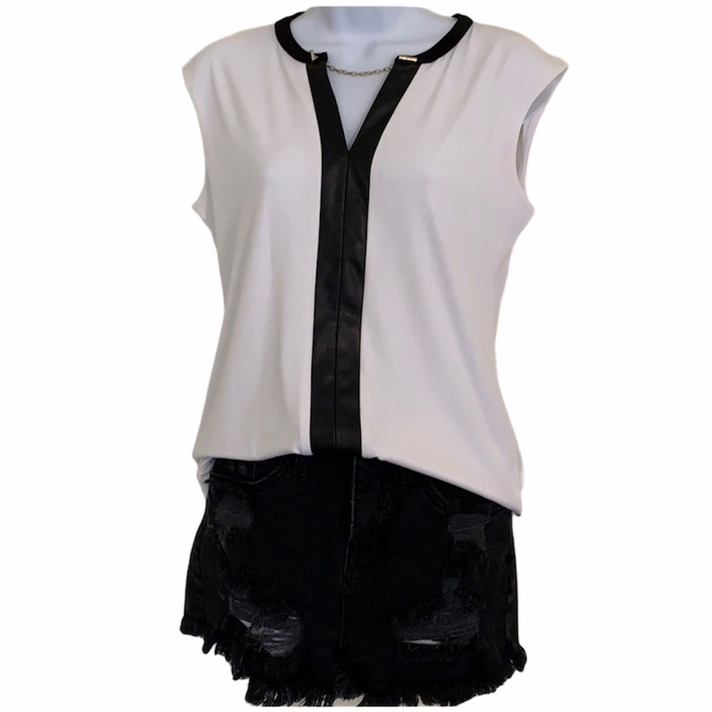Calvin Klein Faux Leather & White Blouse Small